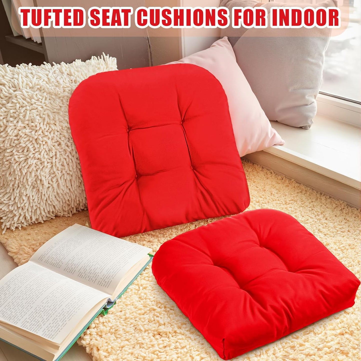 4 Pcs Outdoor Chair Cushions 18.9 x 18.9 Inch Waterproof Sun Protection Patio Furniture Overstuffed Seat Cushion Chair Pad with Round Corner for Indoor(Red)
