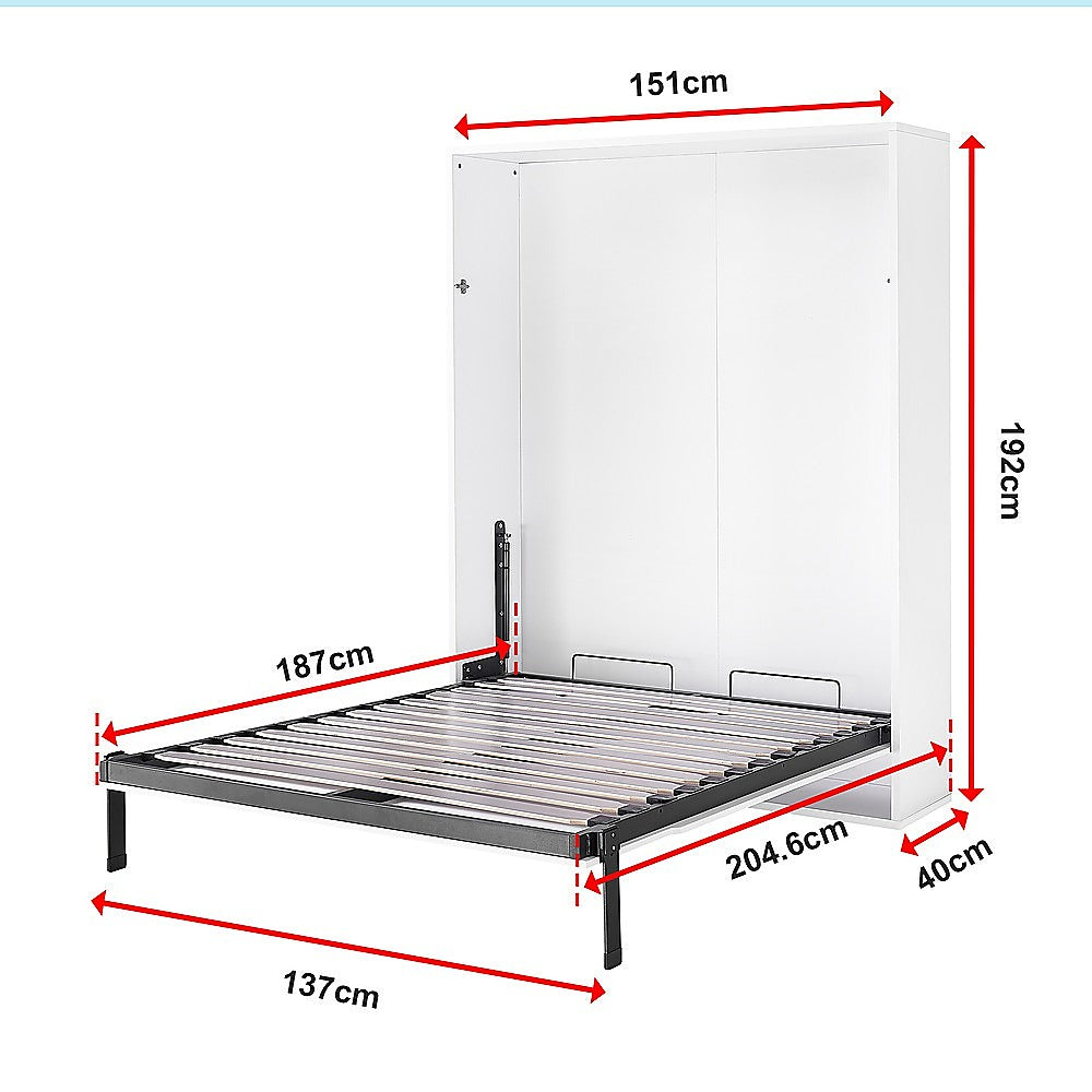 Double Wall Bed in White Gloss – Space Saving Murphy Bed Kit with Silver Door Handle