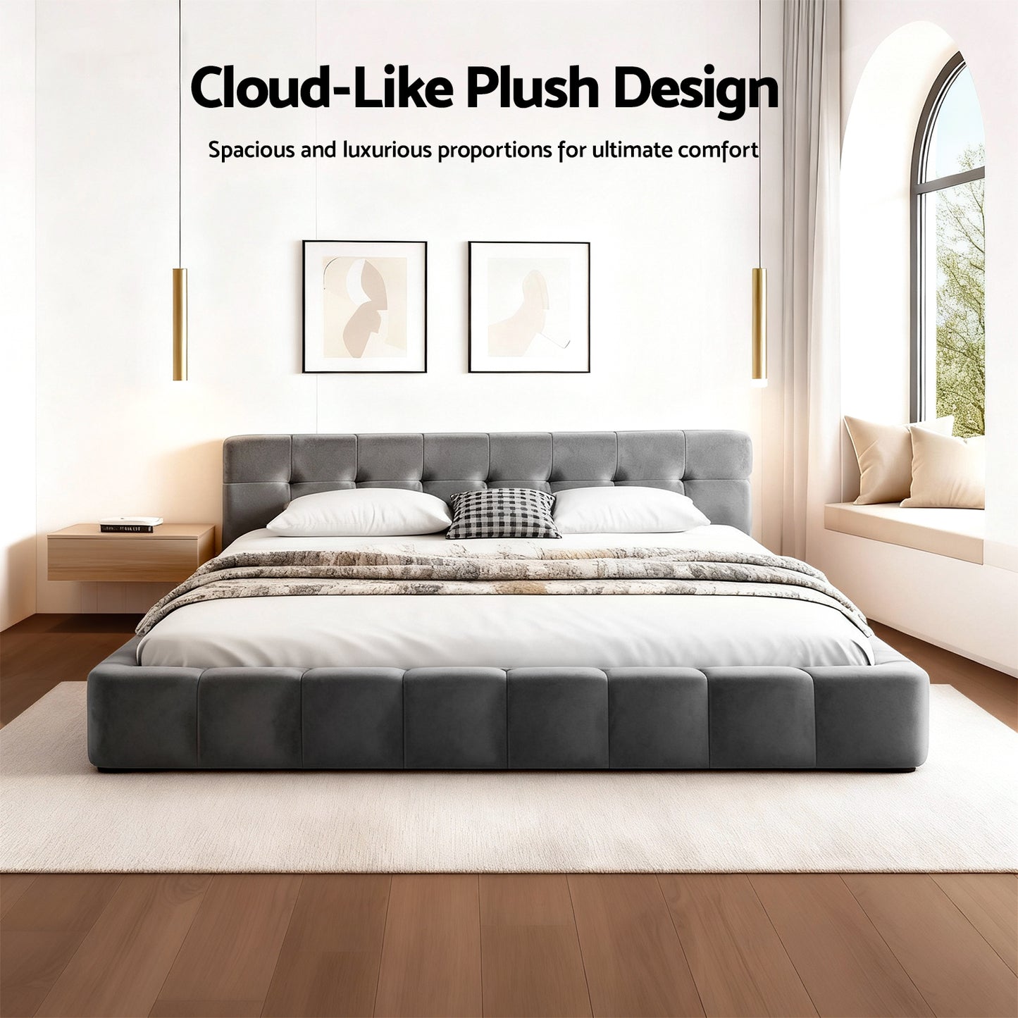 Artiss Queen Size Bed Frame Plush Soft Headboard Velvet Platform Base for Modern Bedrooms Grey