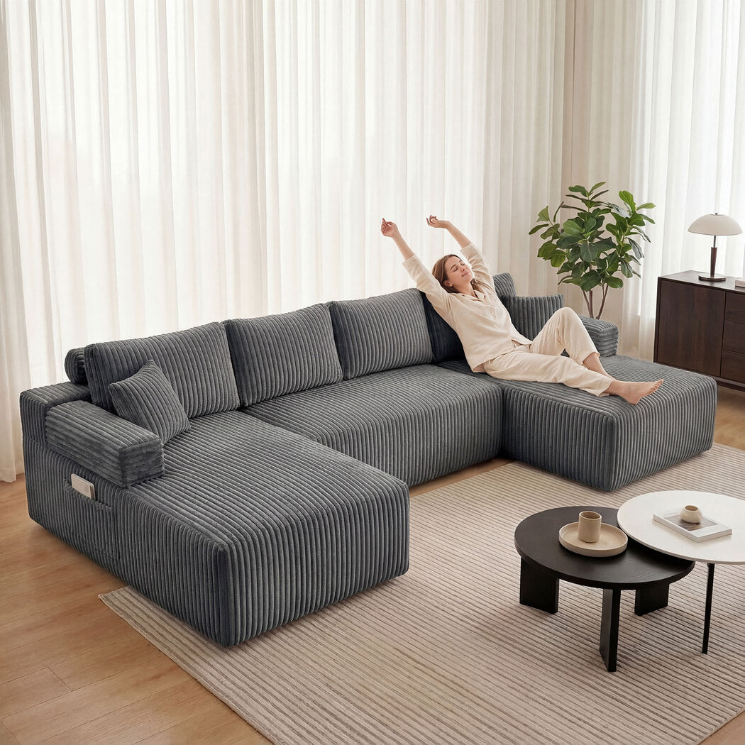 Levede Modular Sofa Lounge Set Corduroy U Shaped Sectional Cloud Couch Grey-2050056788564381702