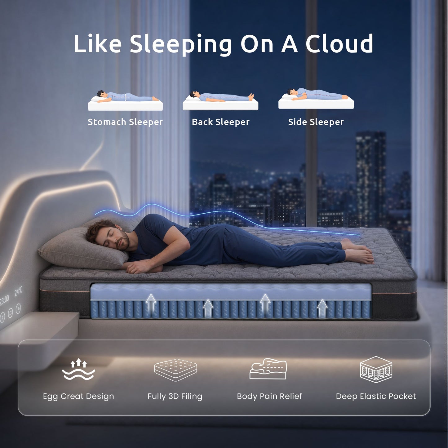 Levitex King Mattress 25 cm Hybrid Pocket Spring with 4cm Egg Crate Foam for Deep Sleep Bamboo Charcoal Fabric