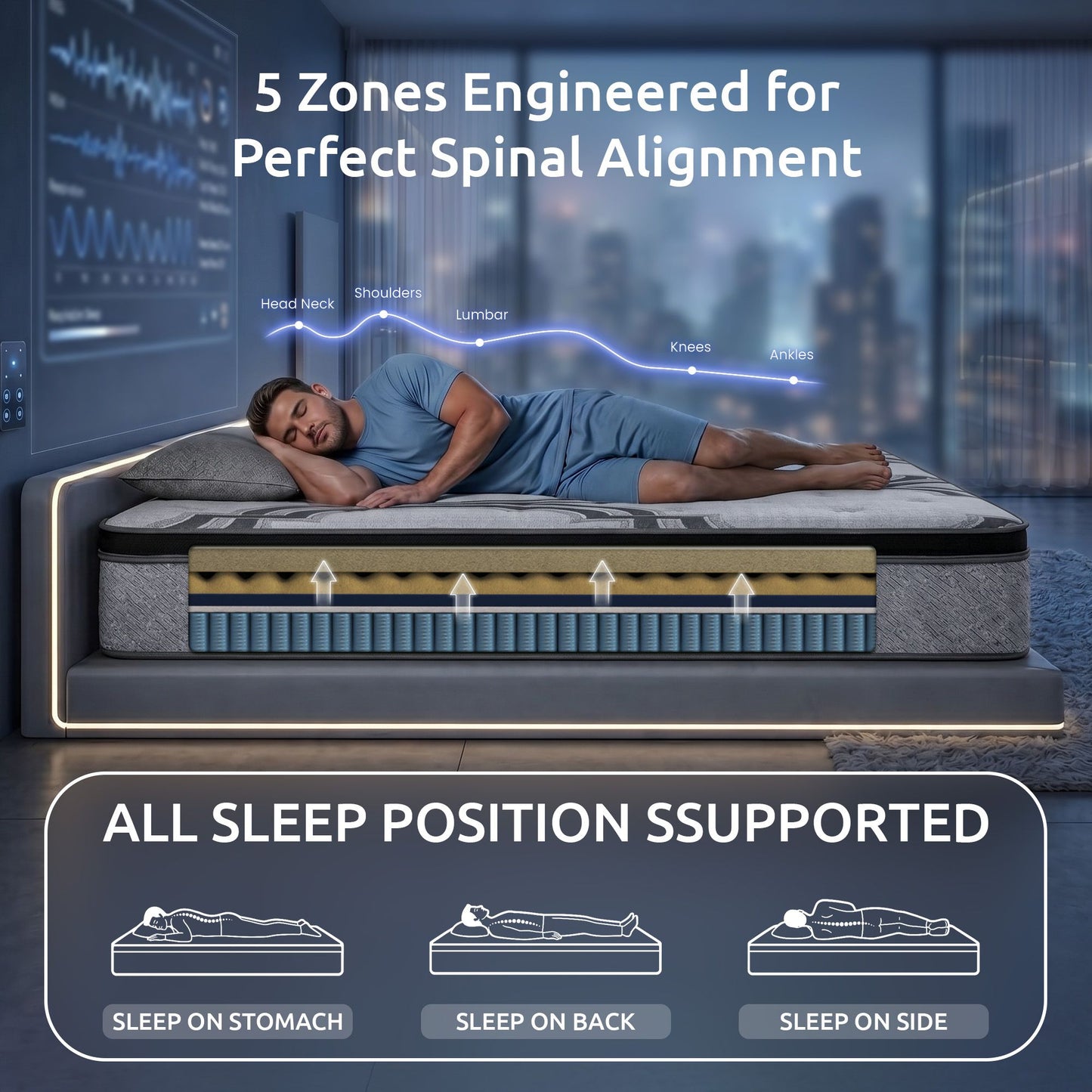 Queen Mattress 34 cm 5-Zone Pocket Spring with Latex & Memory Foam or Extra Lumbar & Shoulder Support