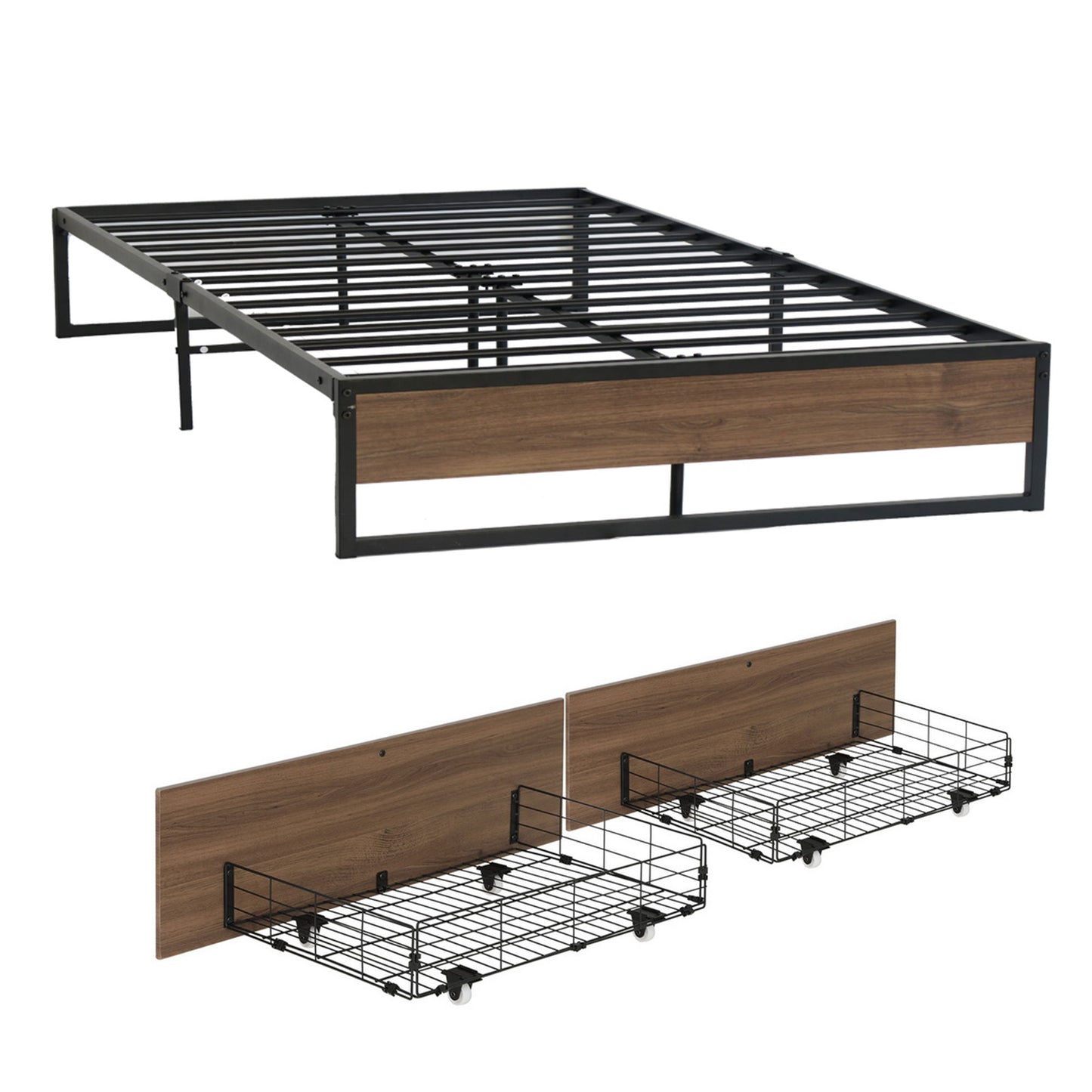 Artiss Bed Frame Metal Frame Queen Size Bed Base 2 Drawers OSLO