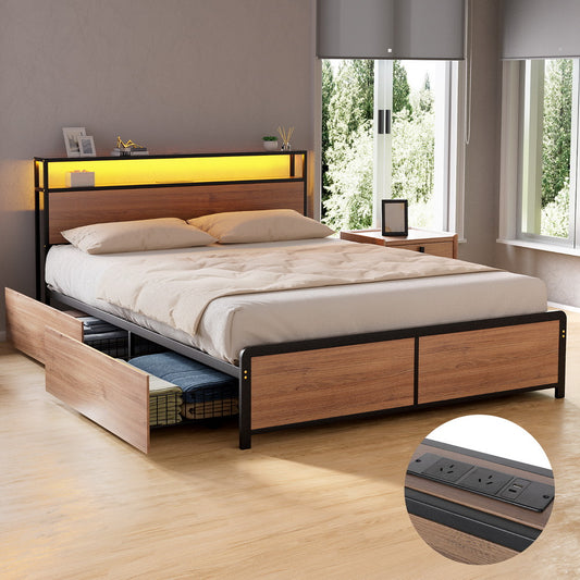 Artiss Metal Bed Frame Double Size with 2-Tier Storage Headboard Metal Platform with 4 Storage Drawers Built in Charging Station & LED Noise-Free/Metal Support/No Box Spring Needed Vintage Brown
