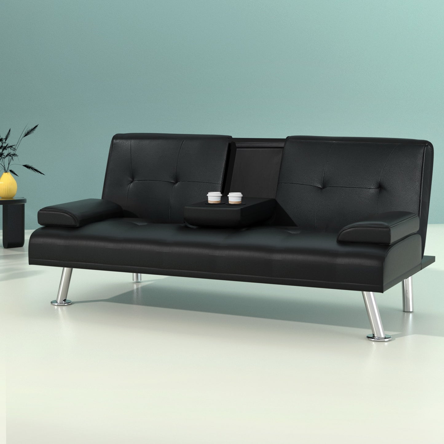Sofa Bed 168CM Black PU Leather