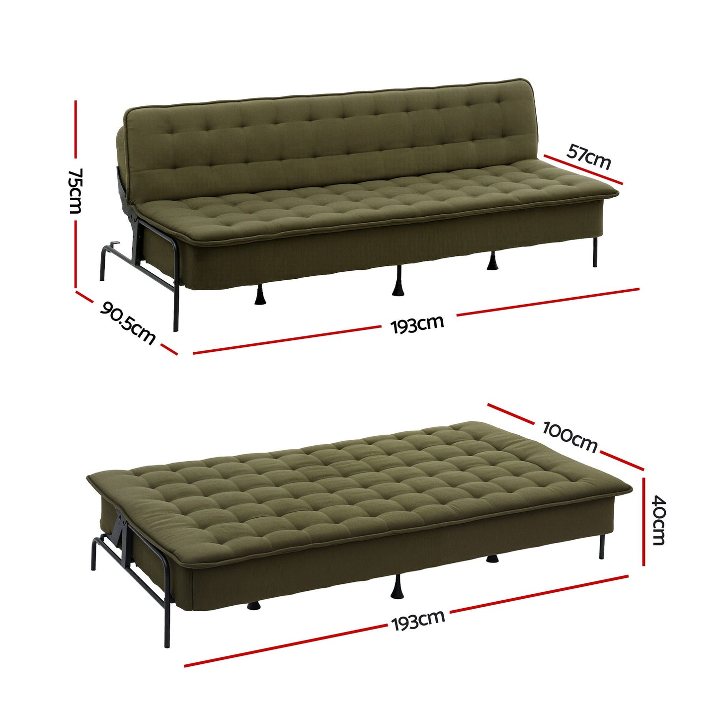 Artiss Sofa Bed, 1.9m 3-Seater Soft Innerspring Adjustable Couch Futon Chair for Apartment Dorm Living Room Office Study Bedroom, Green