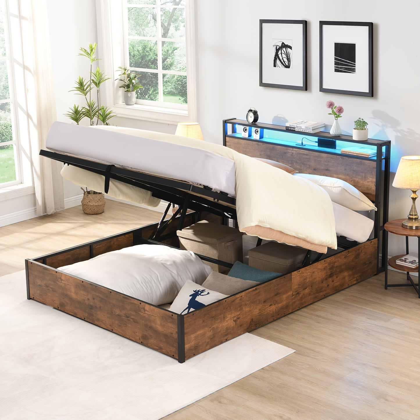 Gas Lift Bed Frame with Storage, Double Size Wooden Slats Platform Bed Frame with LED Lights and Charging Station, No Box Spring Needed, Noise Free, Rustic Brown