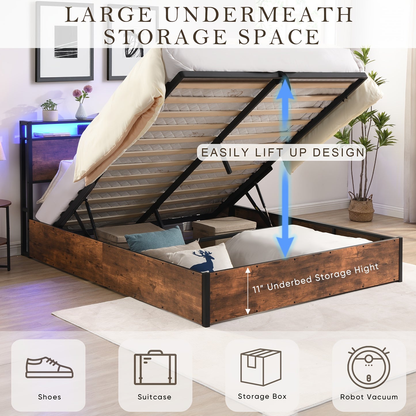 Gas Lift Bed Frame with Storage, Queen Size Wooden Slats Platform Bed Frame with LED Lights and Charging Station, No Box Spring Needed, Noise Free, Rustic Brown