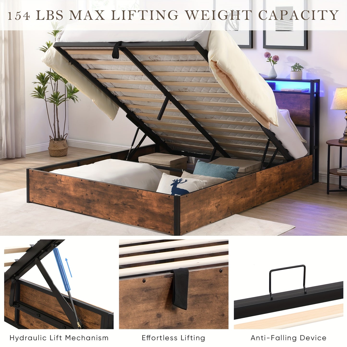 Gas Lift Bed Frame with Storage, Queen Size Wooden Slats Platform Bed Frame with LED Lights and Charging Station, No Box Spring Needed, Noise Free, Rustic Brown