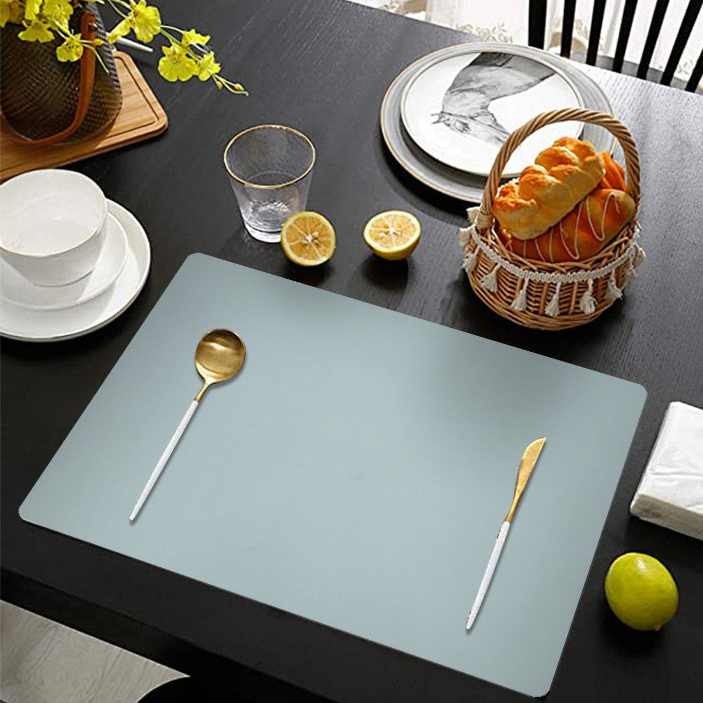 1 Pcs Placemats,Plastic Table Mats,16.93X11.81 Inch Rectangle Heat-Resistant Place Mat,Water-Proof Non-Slip Dining Table Mats,Wipeable Washable Placemats,Place Mats For Kitchen Table,Yellow Sky Blue