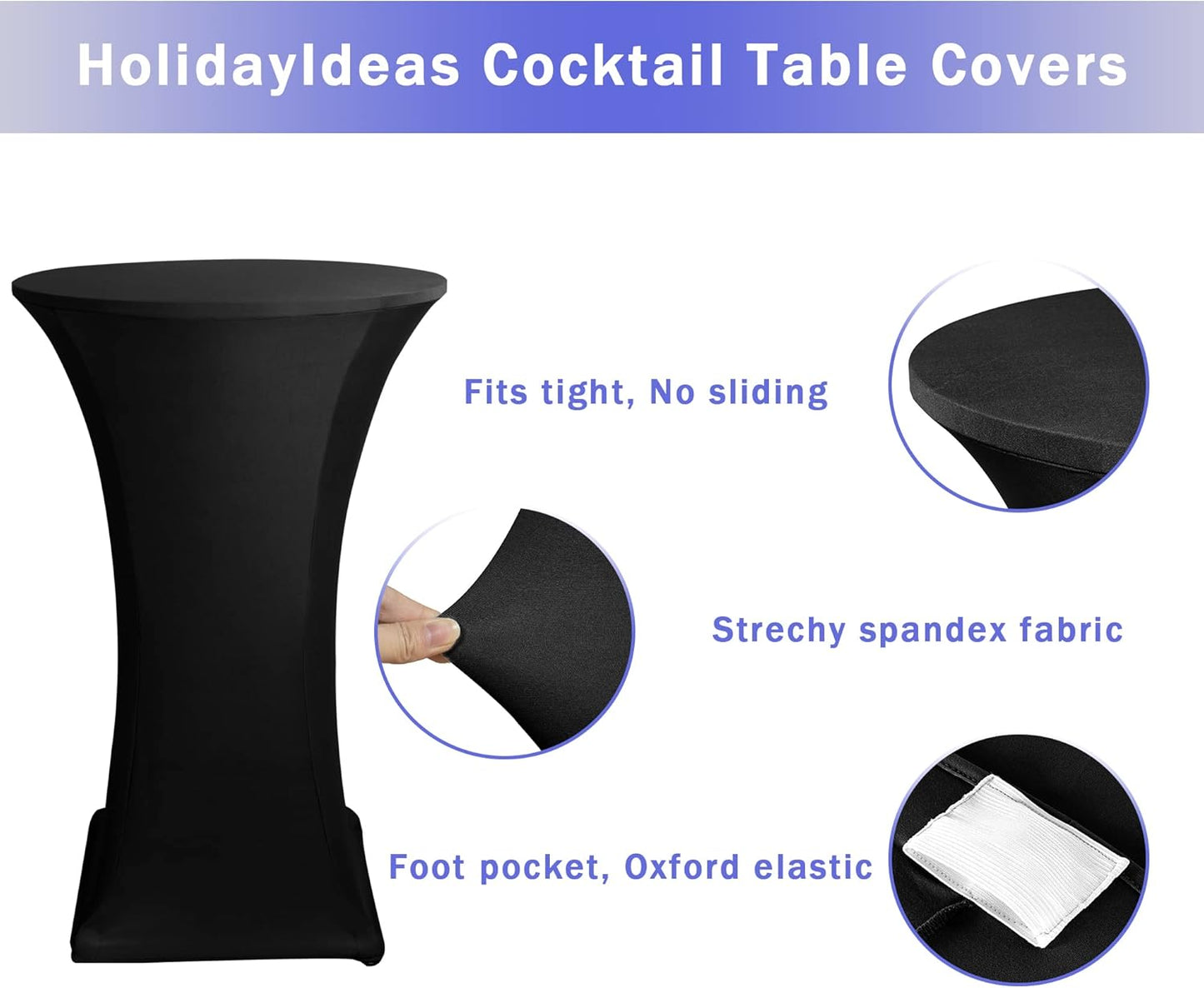 Cocktail Table Covers, 2 Pack - Fitted Stretch Spandex Square Corners Cocktail Tablecloths,High Top Table Cloths (Black, Fit for 30"-32" Diameter x 43" Height Tables)
