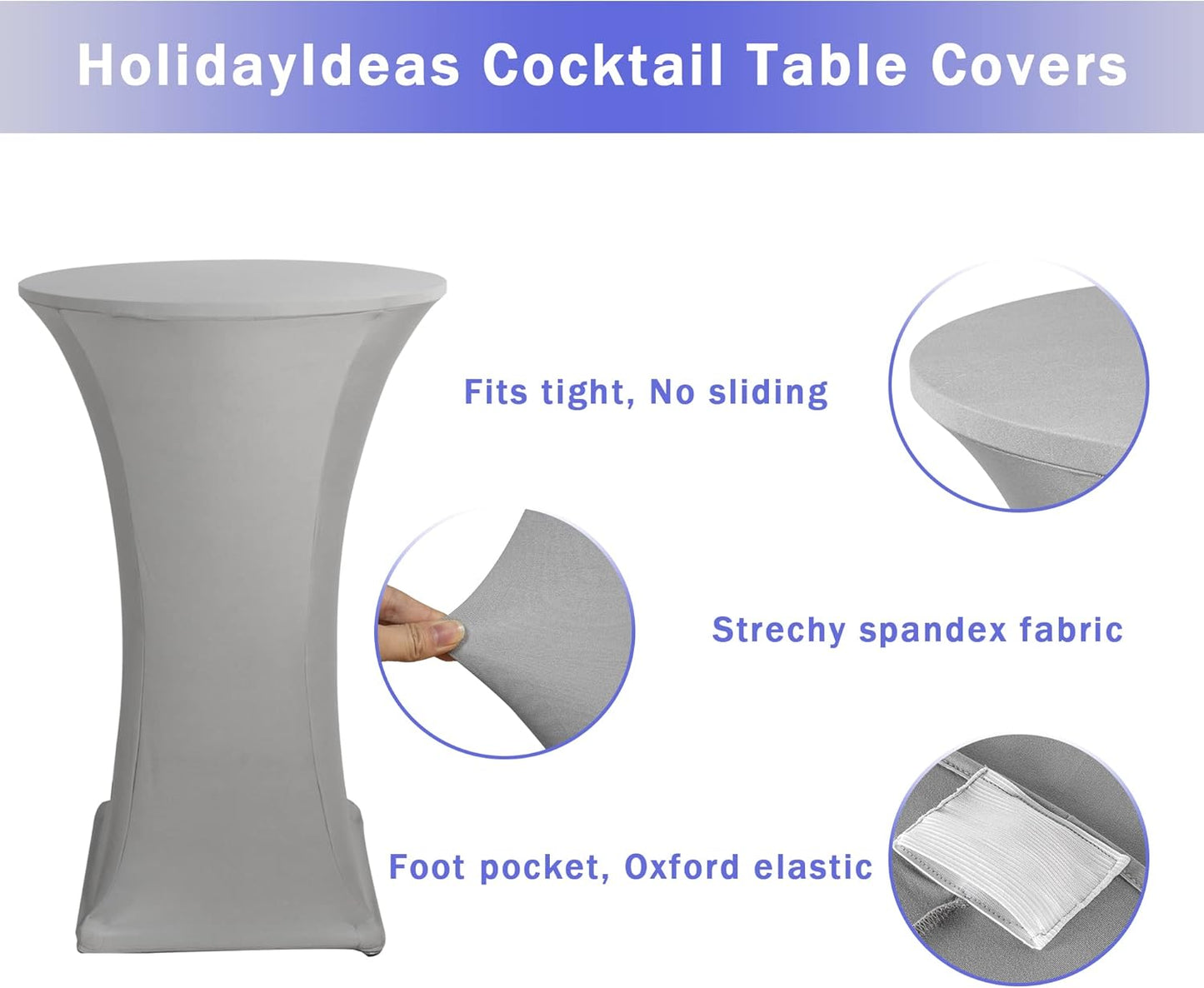 Cocktail Table Covers, 2 Pack - Fitted Stretch Spandex Square Corners Cocktail Tablecloths (Light Grey, Fit for 30"-32" Diameter x 43" Height Tables)