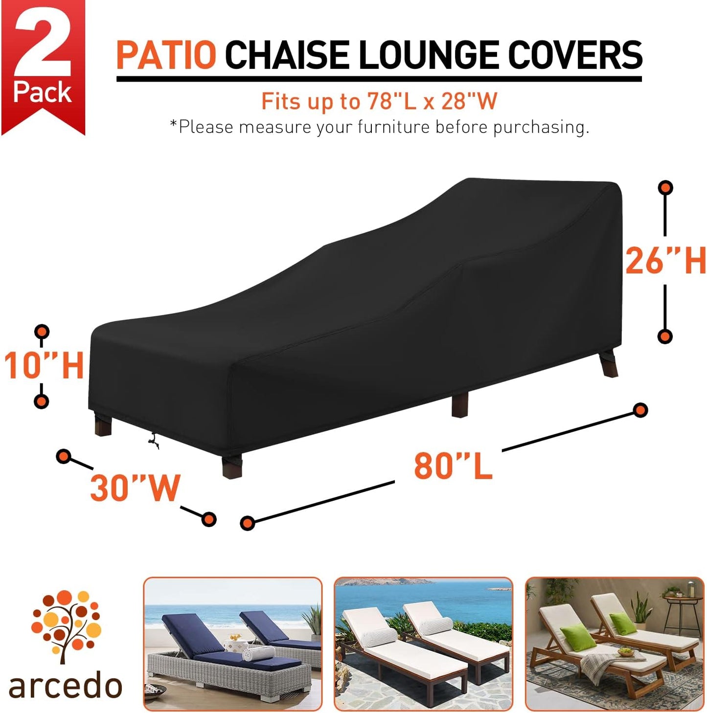 Patio Chaise Lounge Cover Water Resistant, 2 Pack of Pool Lounge Chair Covers for Outside Stackable Cushions and Outdoor Furniture, 80" x 30" x 26" H, Black
