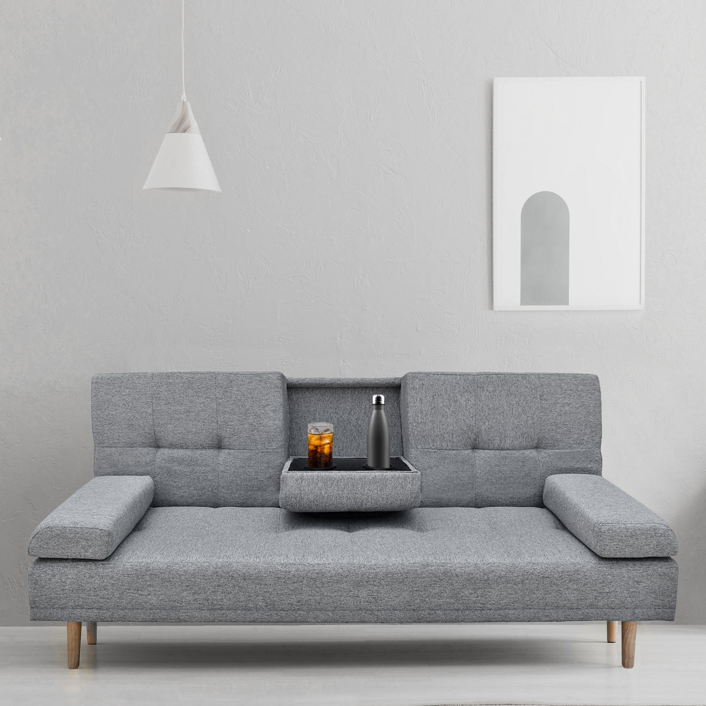 Casa Decor Mendoza 2 in 1 Sofa Bed Couch Grey Pull Down Cupholder 3 Seats Futon