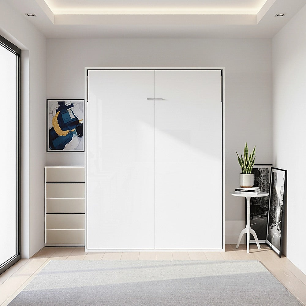 Double Wall Bed in White Gloss – Space Saving Murphy Bed Kit with Gold Door Handle