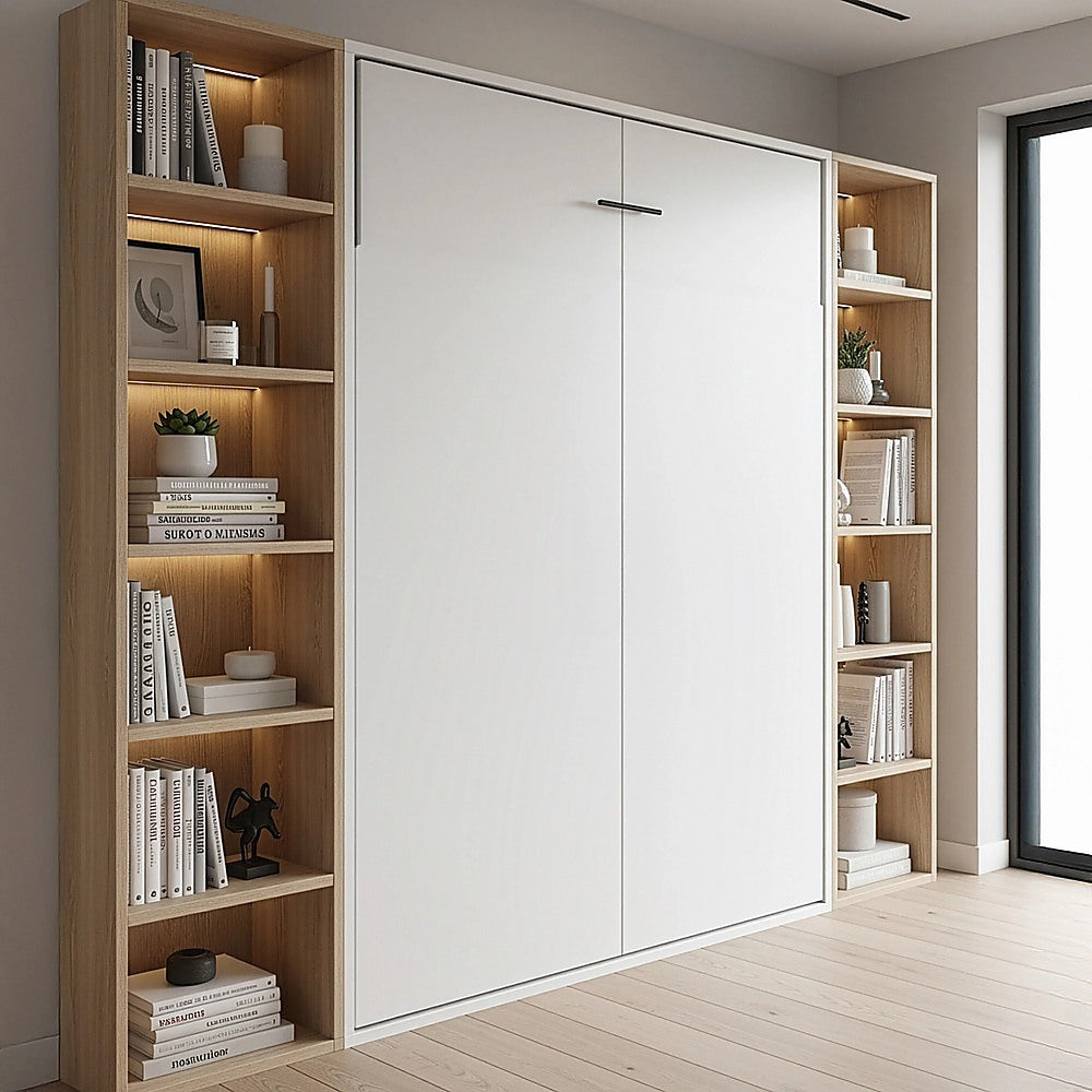 Double Wall Bed in White – Space Saving Murphy Bed Kit with Silver Door Handle