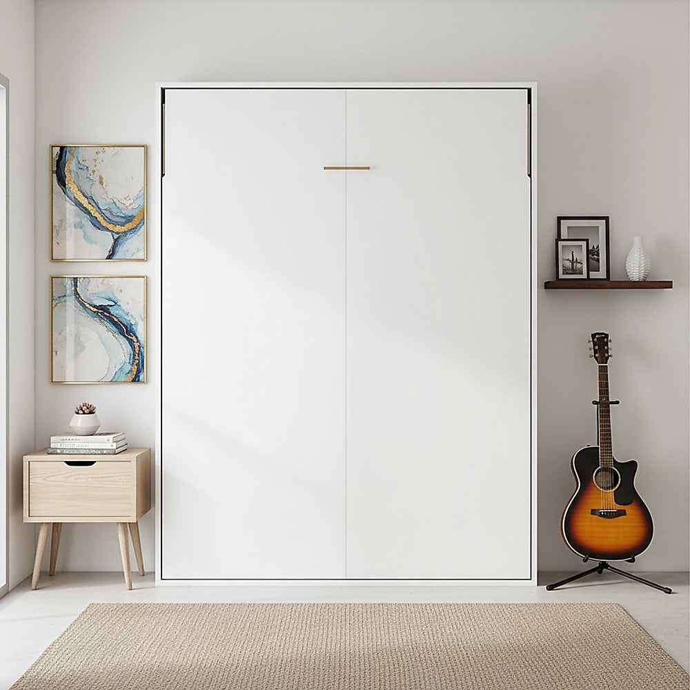 Double Wall Bed in White – Space Saving Murphy Bed Kit with Gold Door Handle