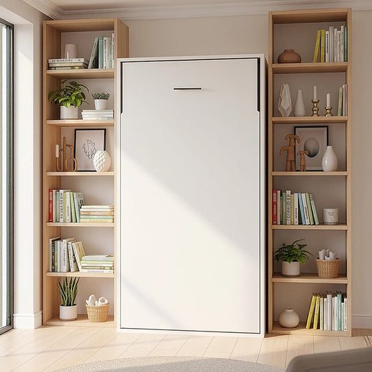 Single Wall Bed in White Gloss – Space Saving Murphy Bed Kit with Black Door Handle