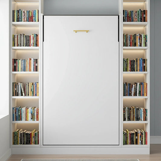 Single Wall Bed in White Gloss – Space Saving Murphy Bed Kit with Gold Door Handle