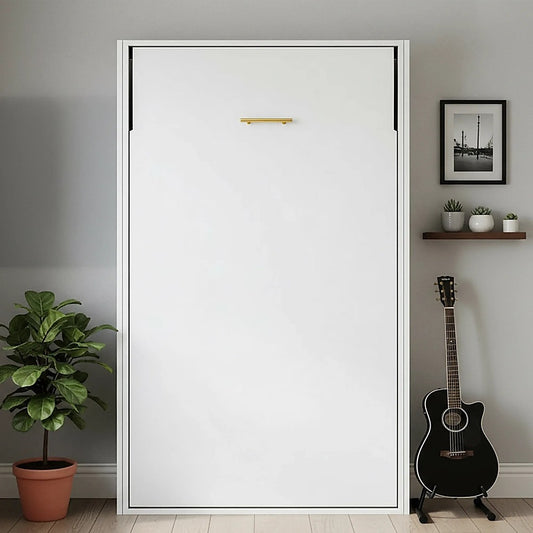 King-single Wall Bed in White Gloss – Space Saving Murphy Bed Kit with Gold Door Handle