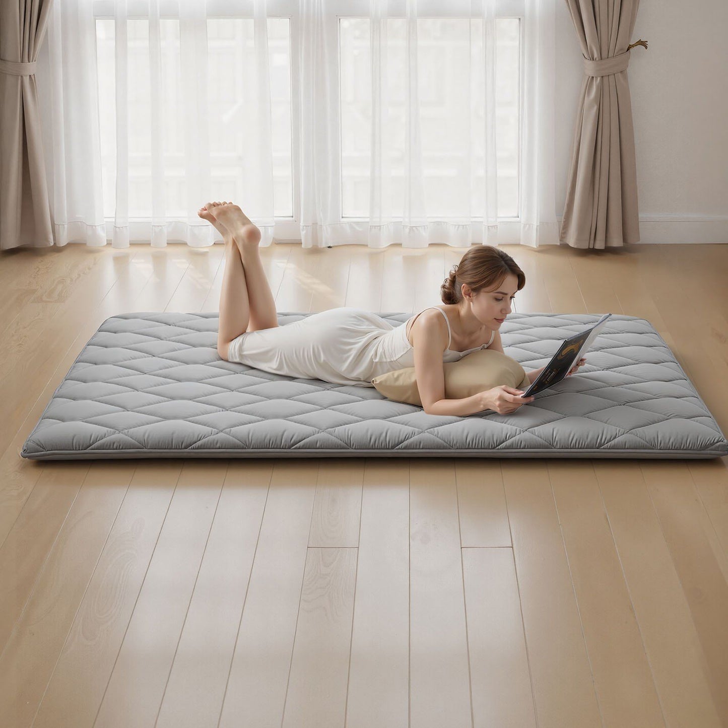 Japanese Tatami Mat, Queen Size Foldable Japanese Tatami Mattress, Futon Mattress with Storage Bag & Fastener, 9-Layer Floor Mat for Sleeping, Dorm, Meditation, Yoga, 2032 x 1524 x 63.5 mm, Gray