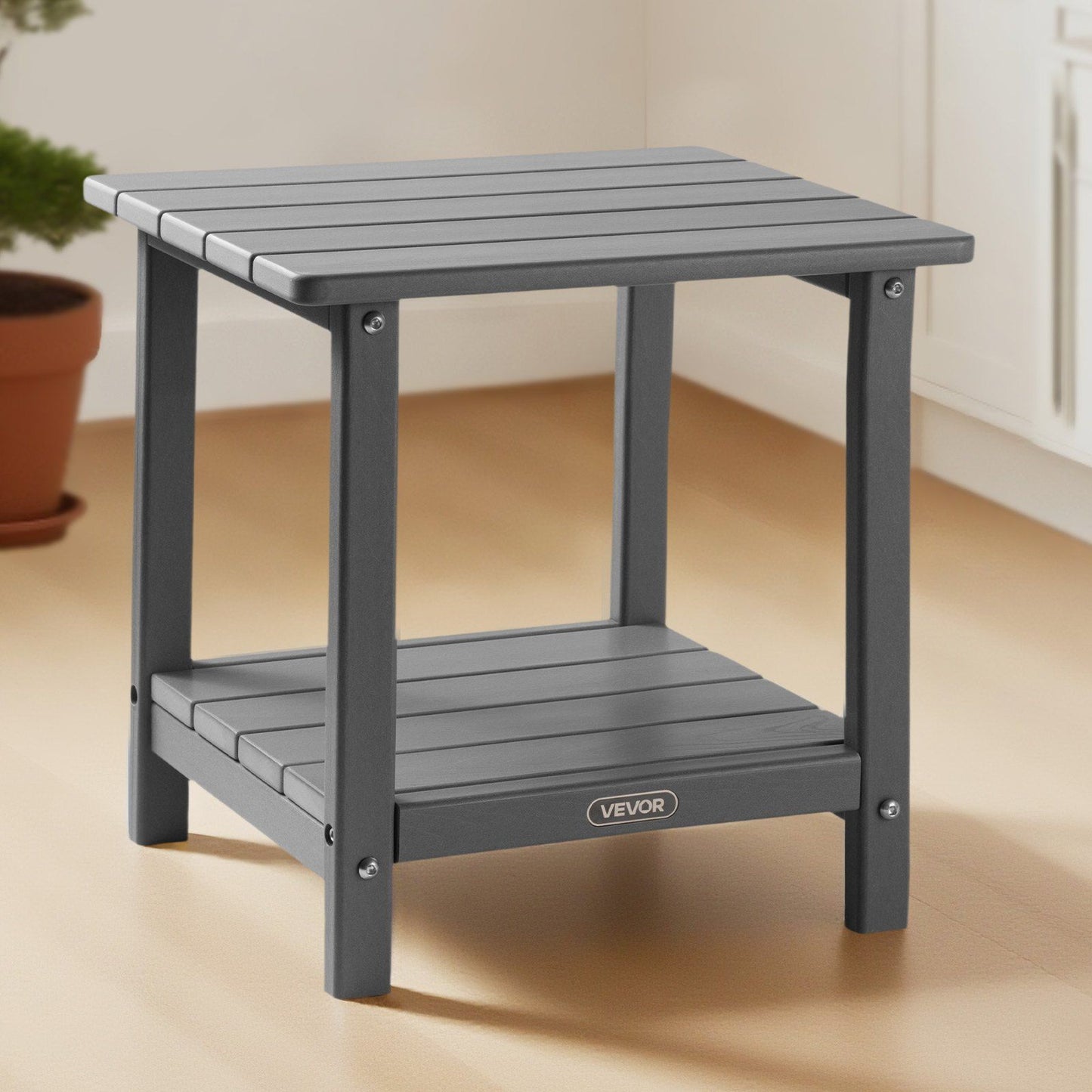 Outdoor Side Table, 450W x 380D x 440H mm, Double Layer HDPE Outside End Table for Easy Maintenance, Withstand Harsh Weather, Fit for Patio, Pool, Beach, Porch, Indoor, Backyard, Grey