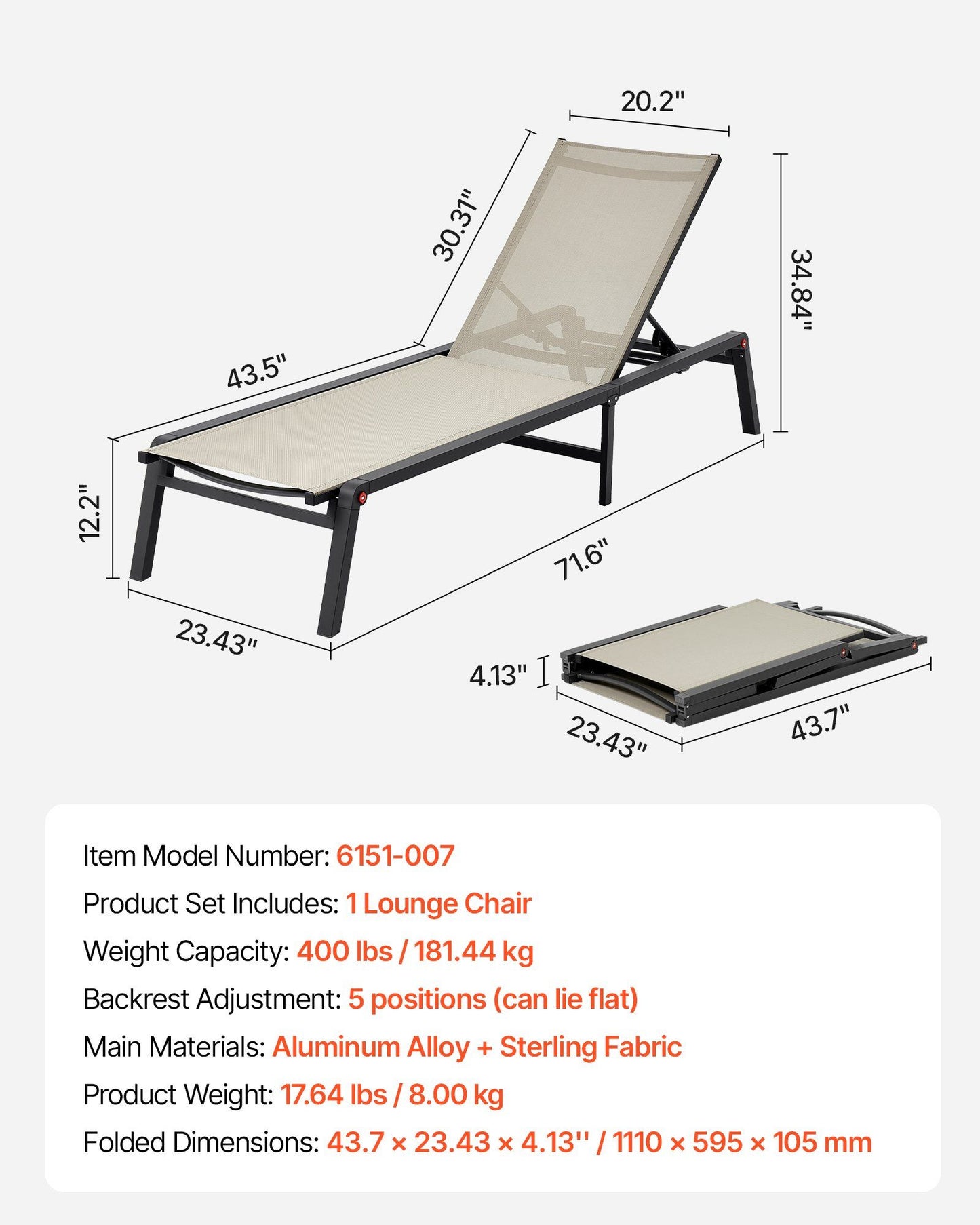 Outdoor Chaise Lounge Chair, 181 kg Weight Capacity, Foldable Sun Tanning Chair, 5 Adjustable Positions, Easy Assembly, Heavy Duty Aluminum Pool Recliner Lounge Chairs, for Beach Yard Patio
