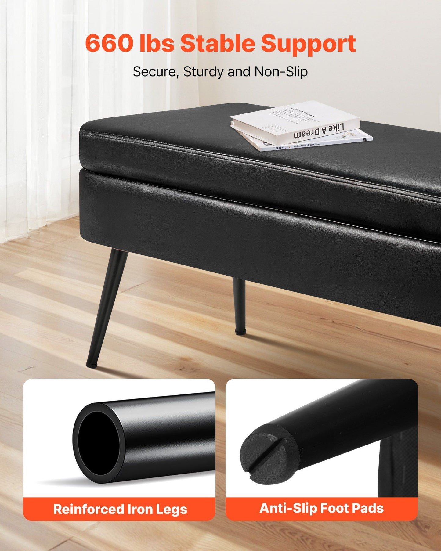 Leather Storage Ottoman Bench, PU Leather Bench with Storage and Metal Legs, Modern Shoe Benches Seat for Entryway, Upholstered End of Bed Benches for Living Room, Dining Room, Hallway, Black