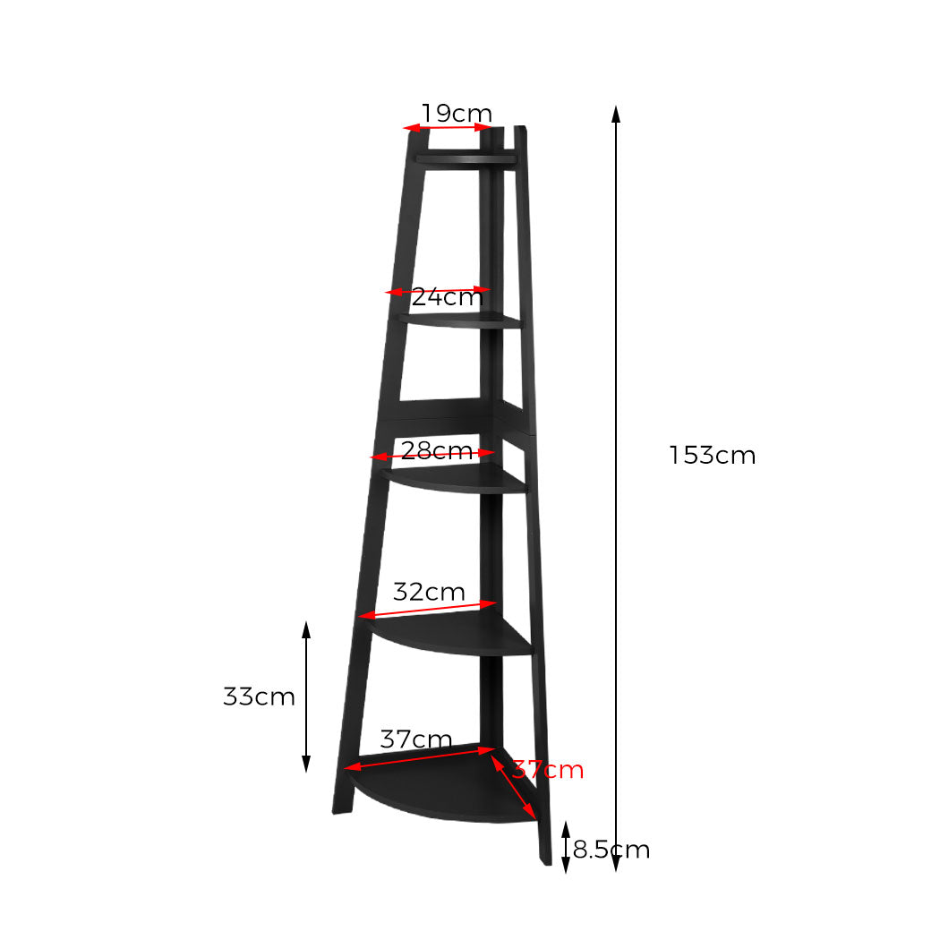 Levede 5 Tier Corner Shelf Wooden Storage Black-2006733234070753282