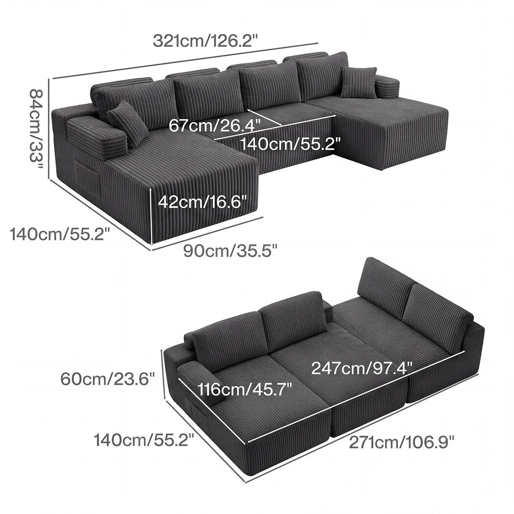 Levede Modular Sofa Lounge Set Corduroy U Shaped Sectional Cloud Couch Grey-2050056788564381698