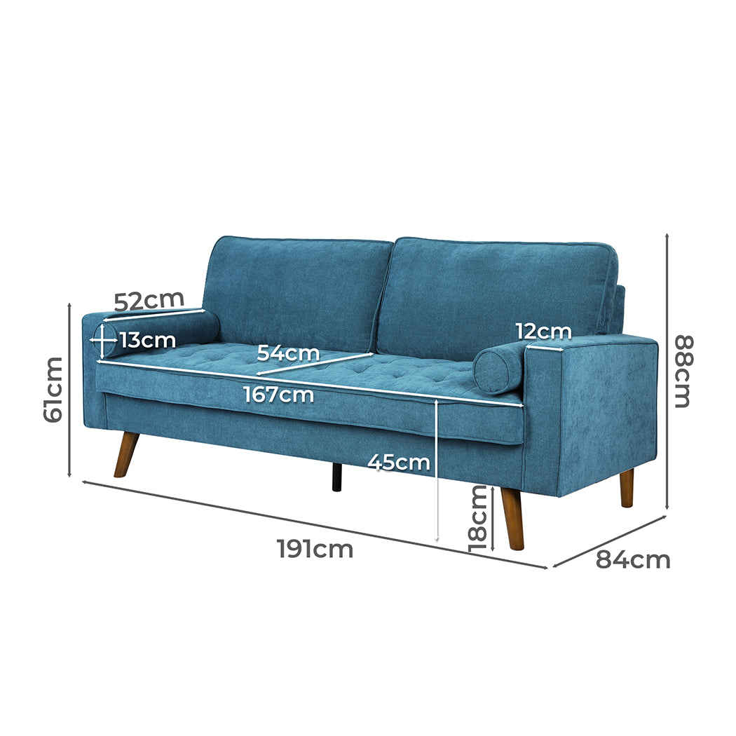 Levede Fabric Sofa Armchair 3 Seater Couch Blue 191cm Wide-2018816942655279106